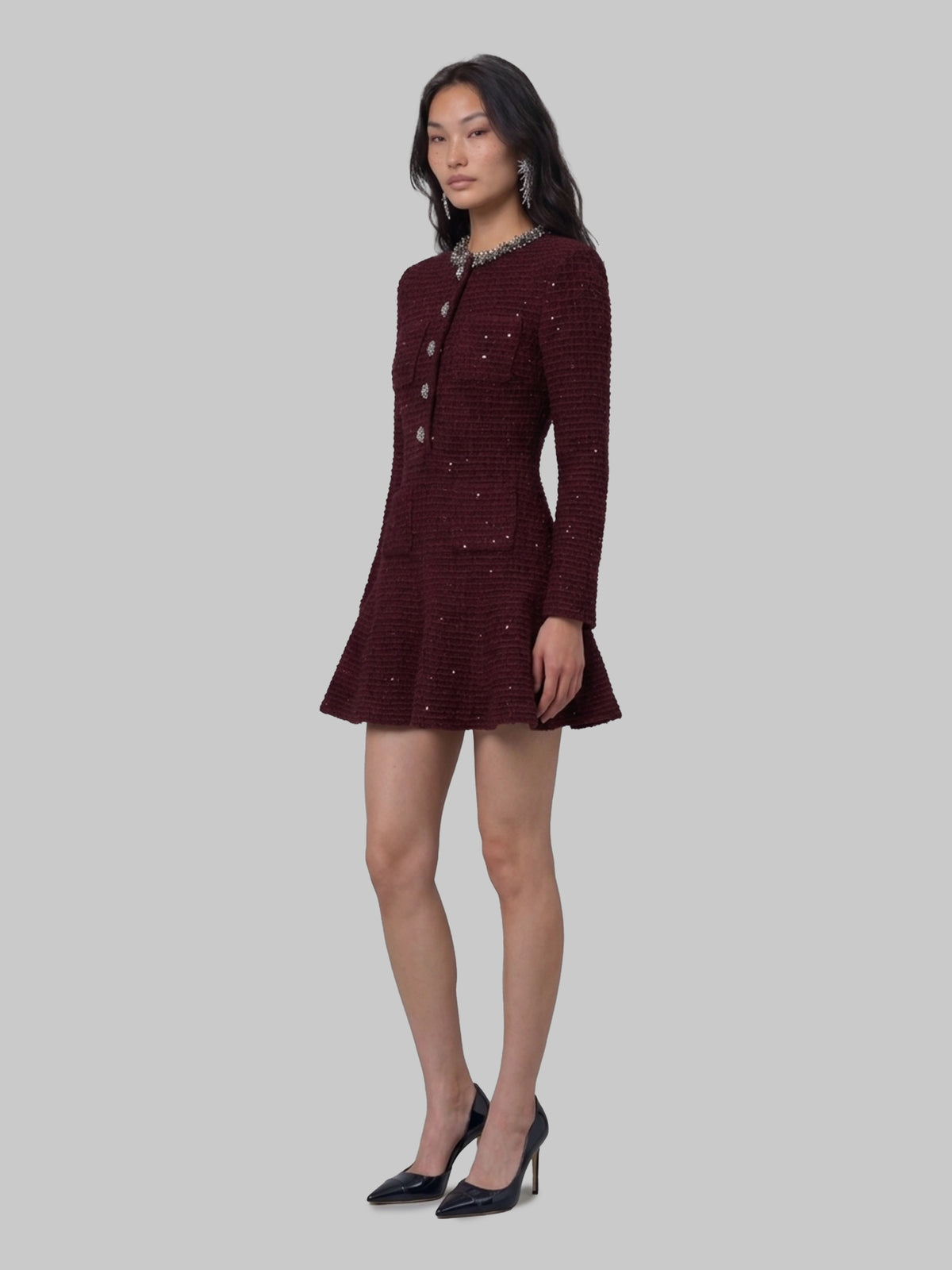 Burgundy textured knit embellished mini dress