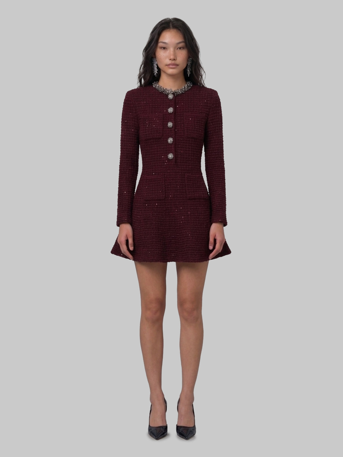 Burgundy textured knit embellished mini dress