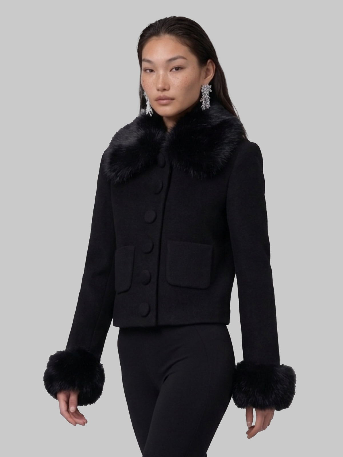 Short coat with faux fur inserts