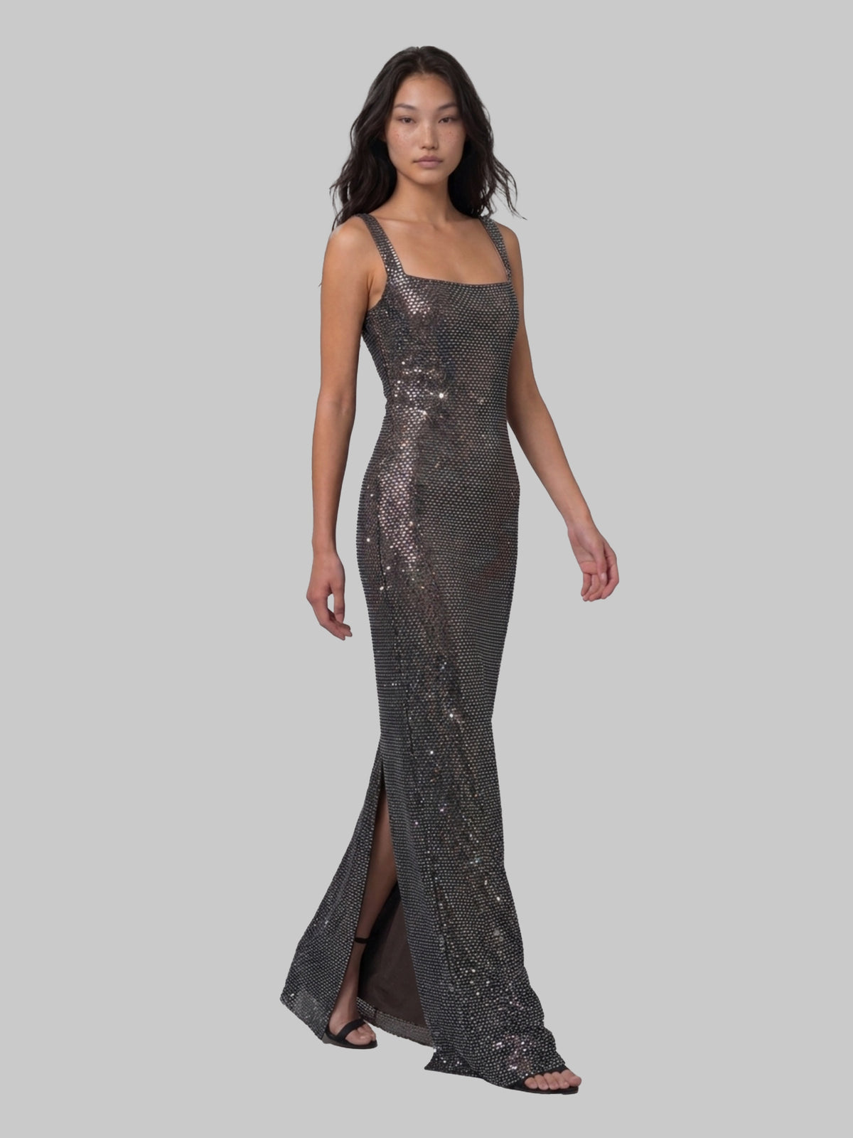 Gunmetal Square maxi dress with rhinestones