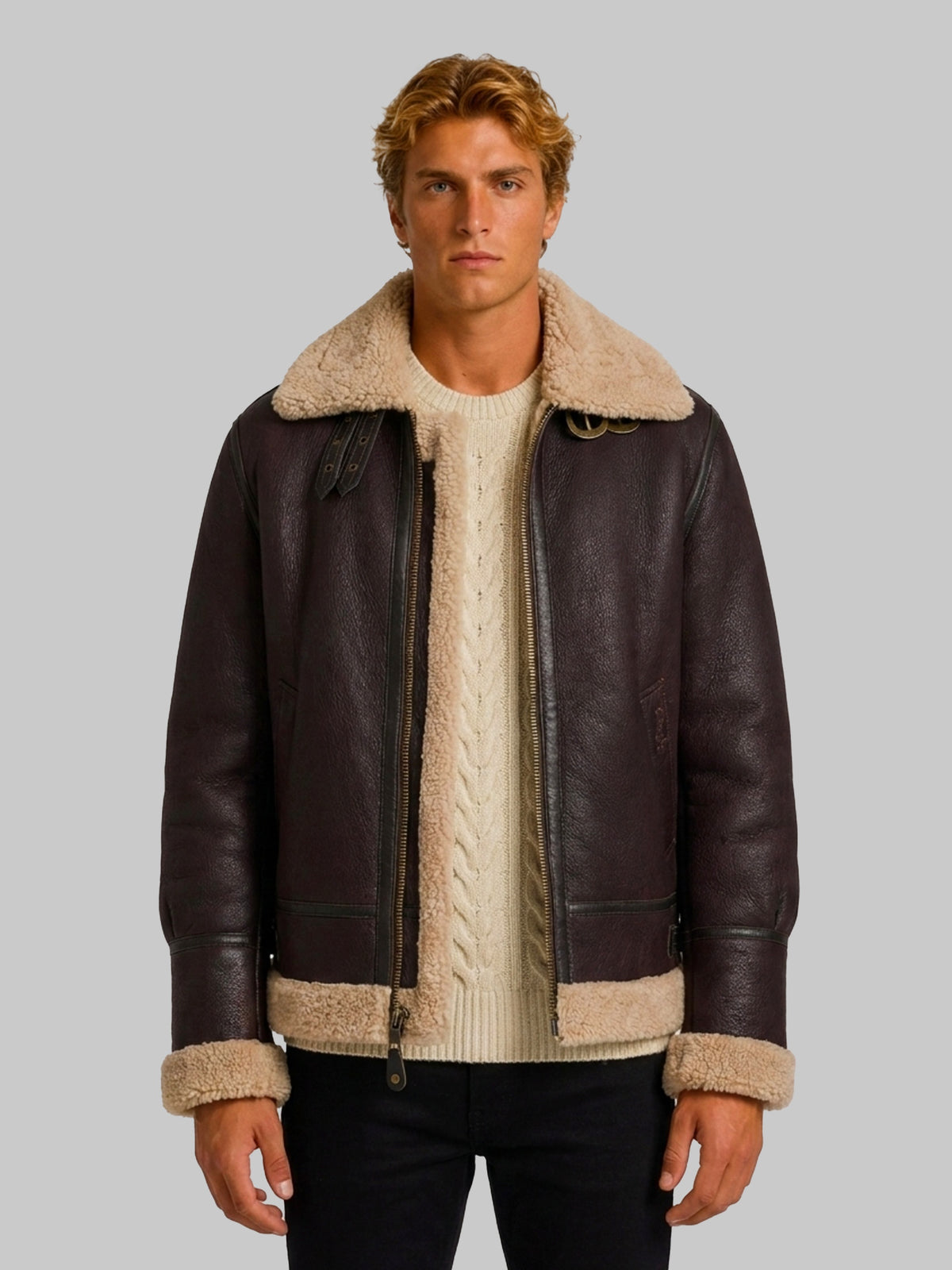 Cordovan shearling aviator bomber