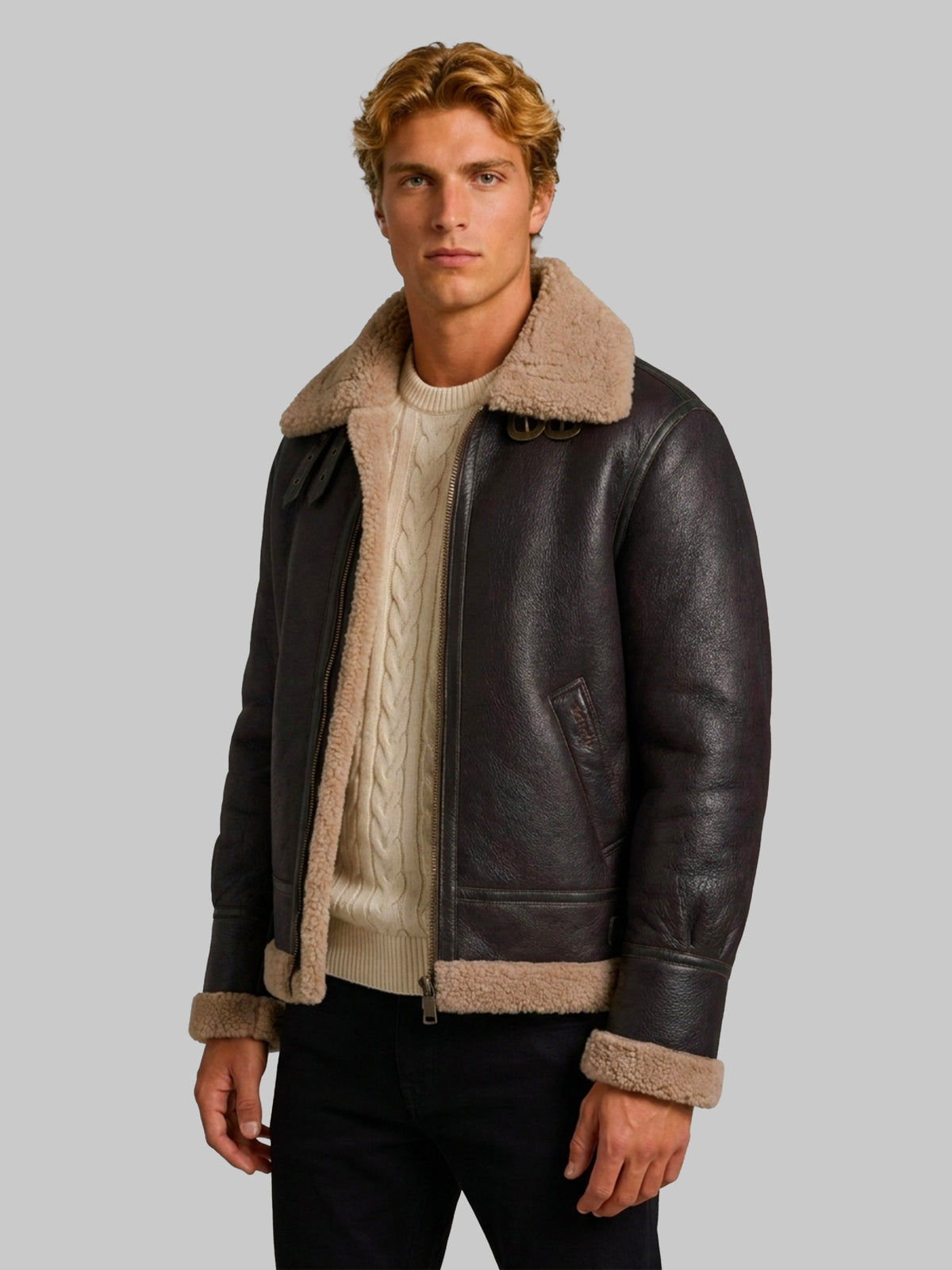 Cordovan shearling aviator bomber