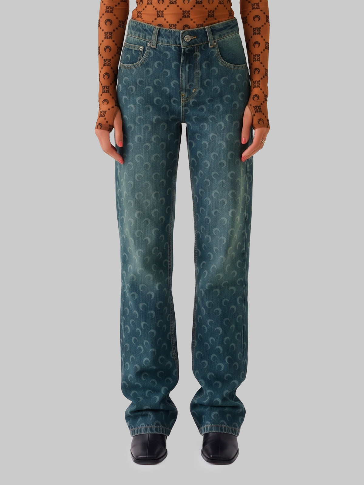 Moon laser dark blue wash denim straight jeans