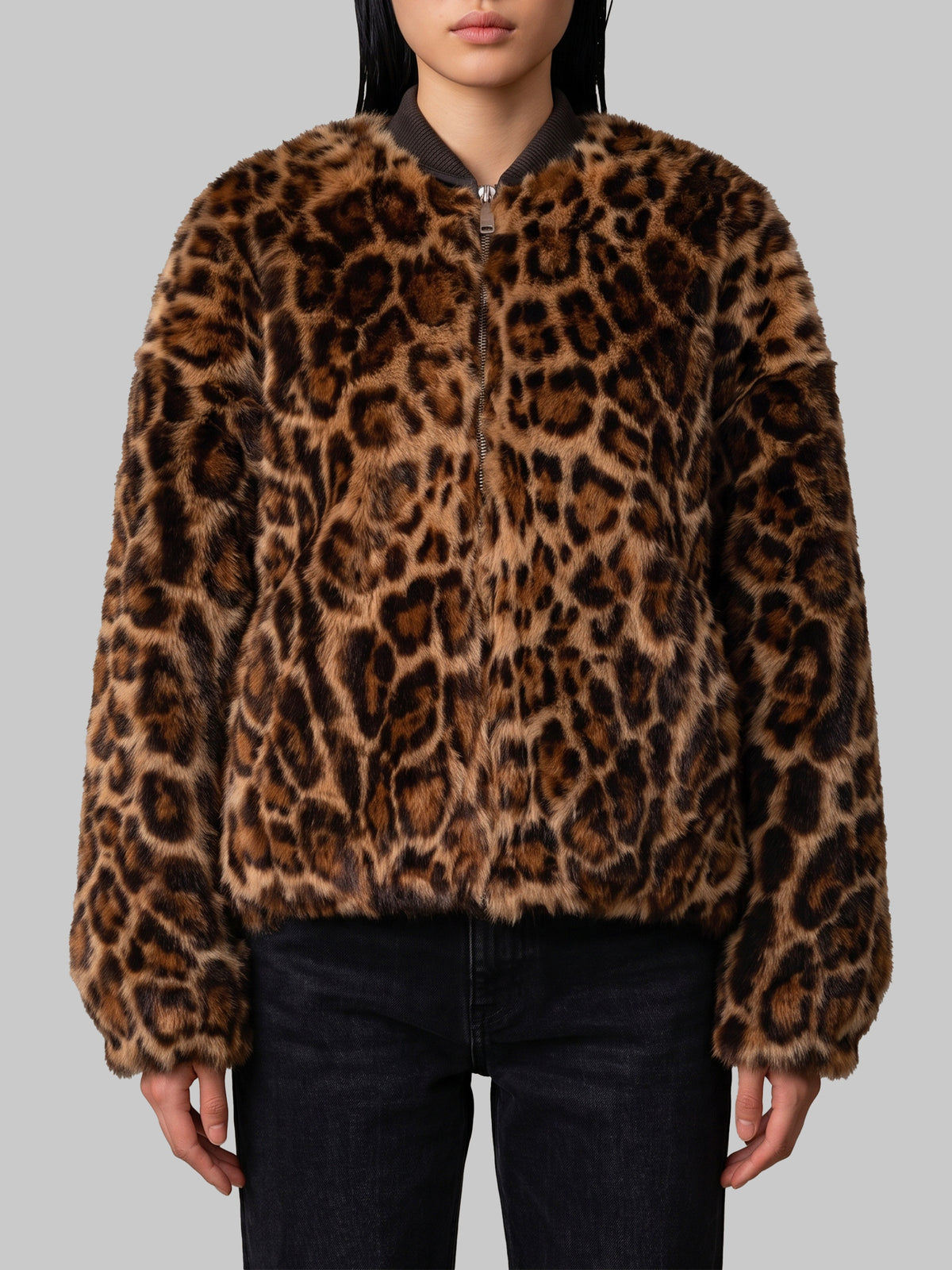 Reversible animal print bomber