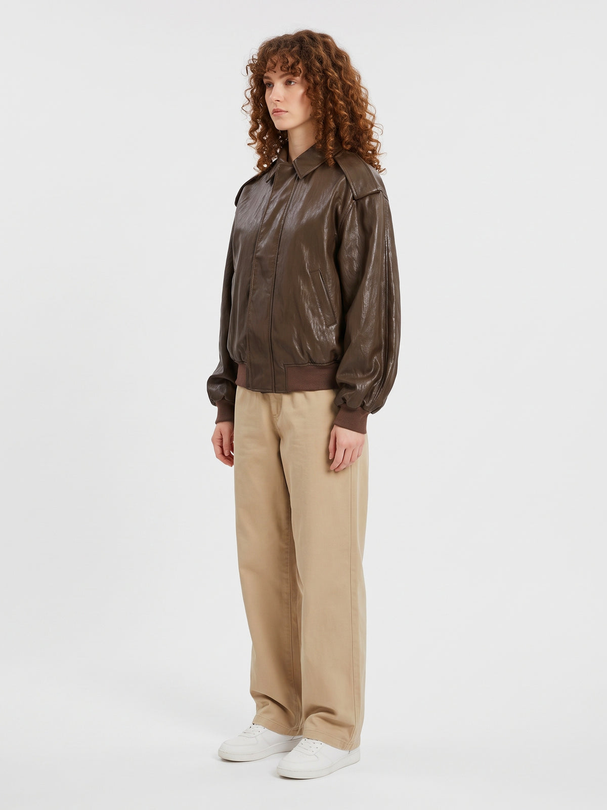 Brown laminated faux leather bomber jacket