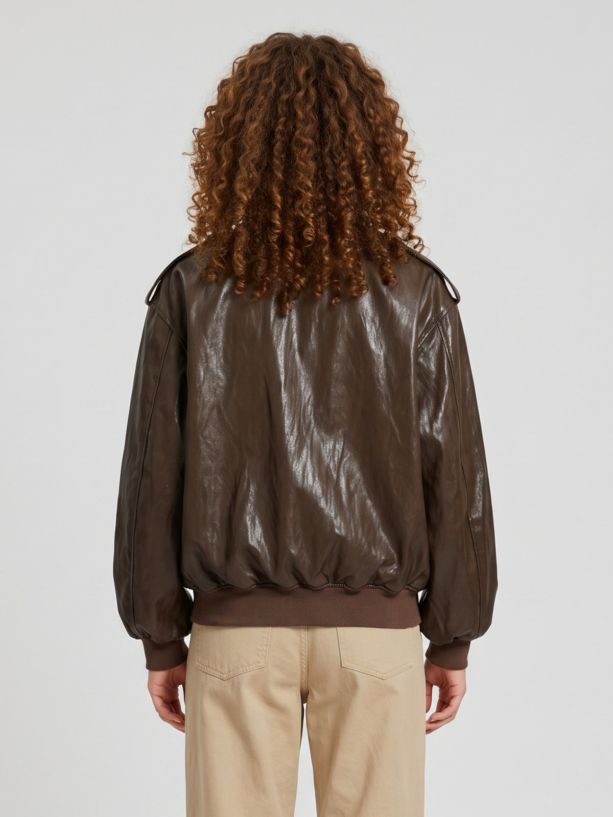 Brown laminated faux leather bomber jacket