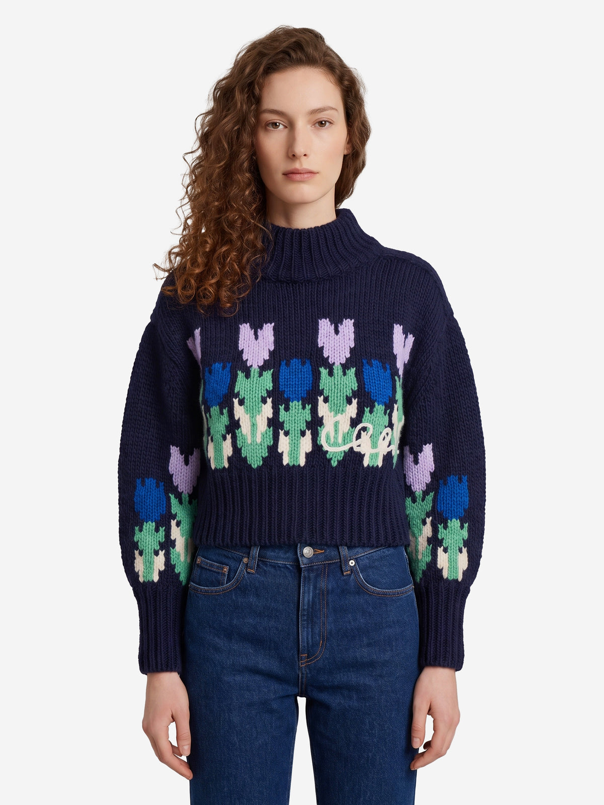 Cropped wool knit sweater with logo and turtleneck