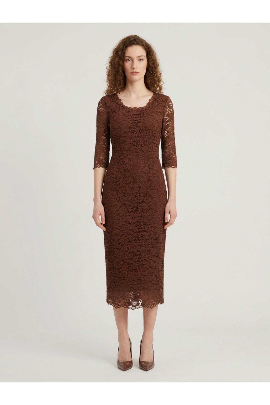 Brown lace midi sheath dress