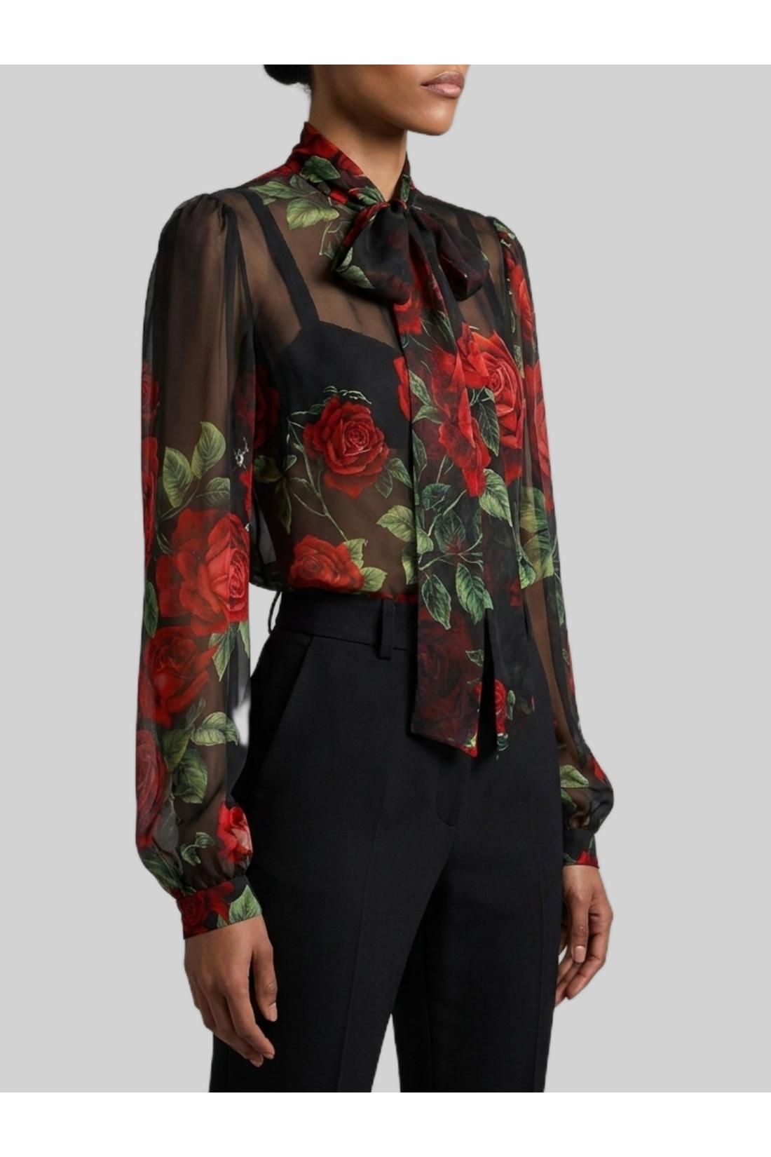 Dolce & Gabbana-OUTLET-SALE-Red Rose chiffon blouse-ARCHIVIST