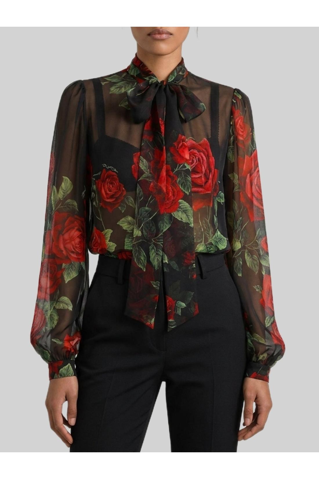 Dolce & Gabbana-OUTLET-SALE-Red Rose chiffon blouse-ARCHIVIST