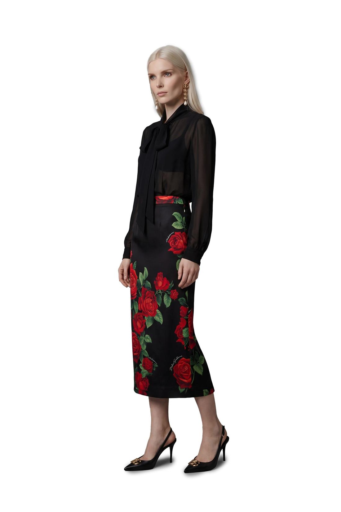 Dolce & Gabbana-OUTLET-SALE-Red Rose print midi skirt-ARCHIVIST