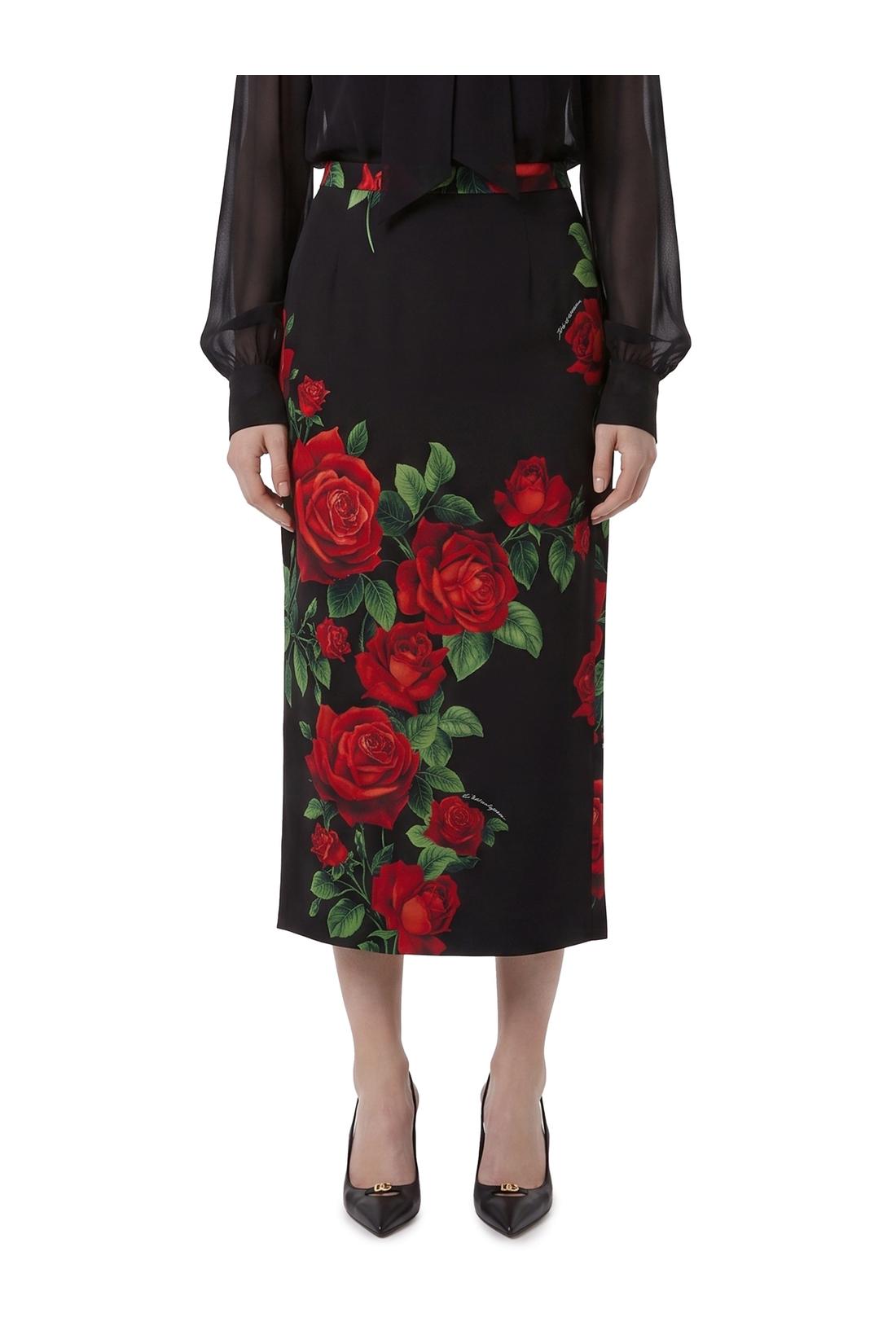 Dolce & Gabbana-OUTLET-SALE-Red Rose print midi skirt-ARCHIVIST