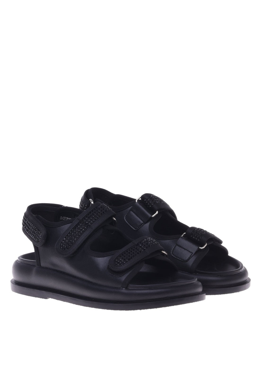 Sandal in black calfskin with rhinestones