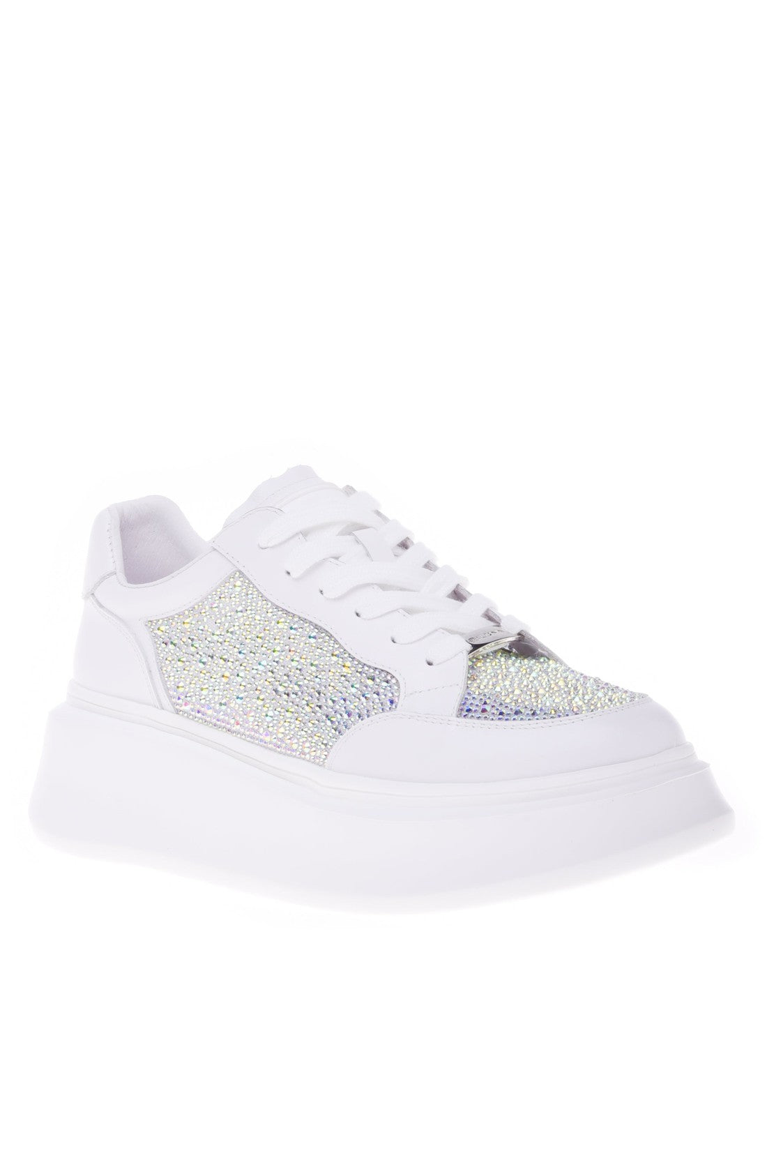 Sneaker in white calfskin with rhinestones