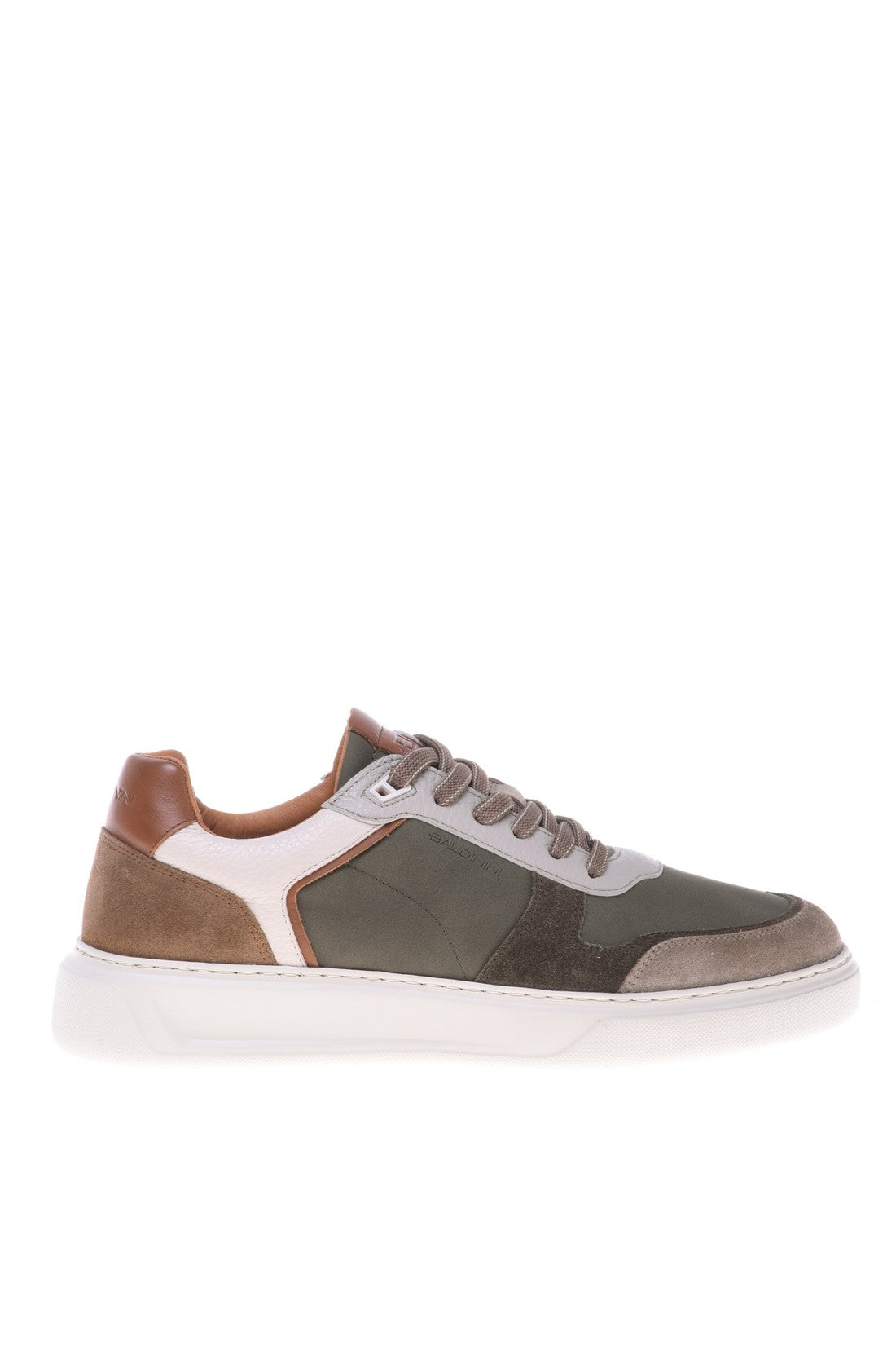 Trainer in beige and green leather and suede