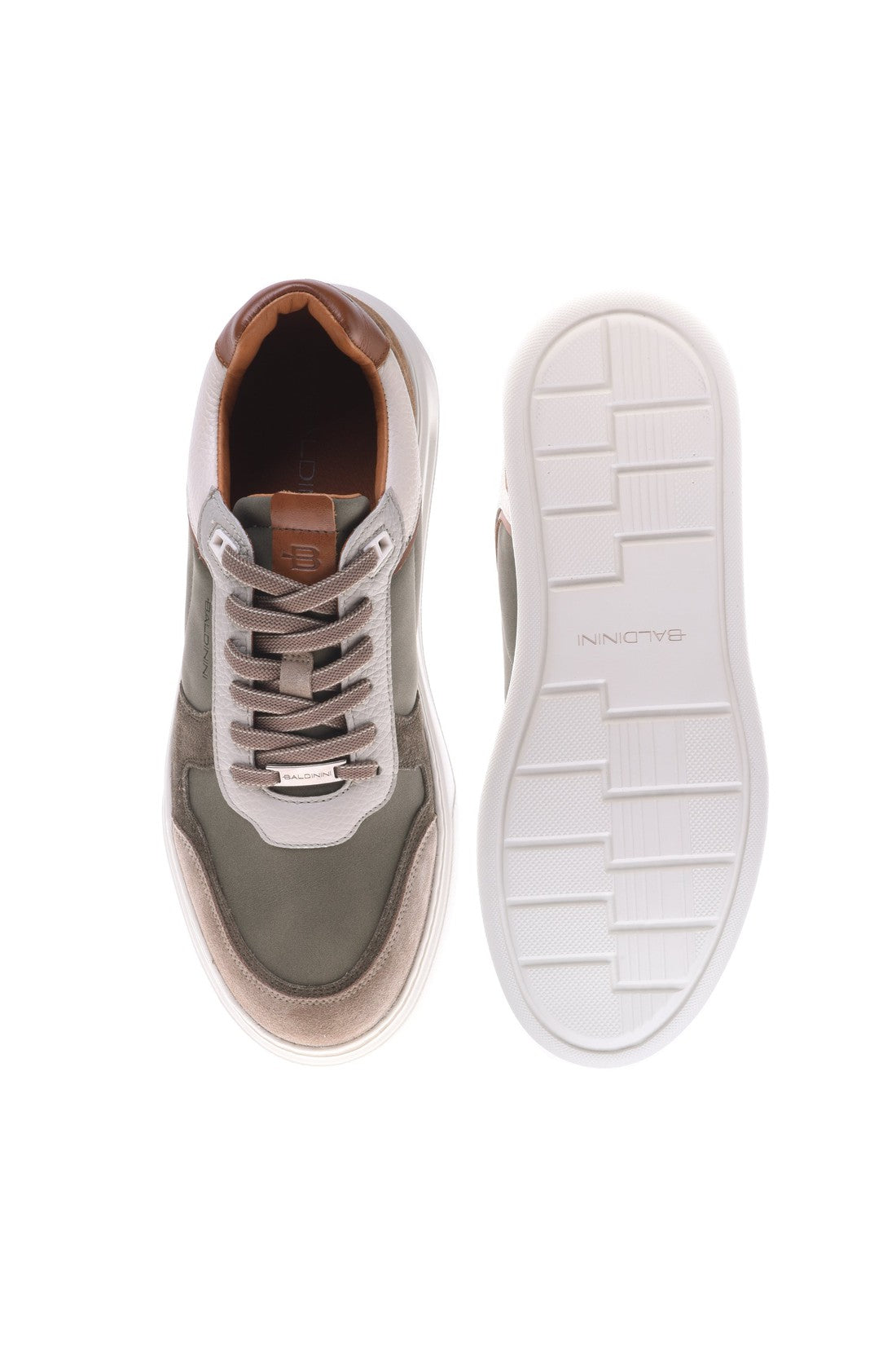 Trainer in beige and green leather and suede