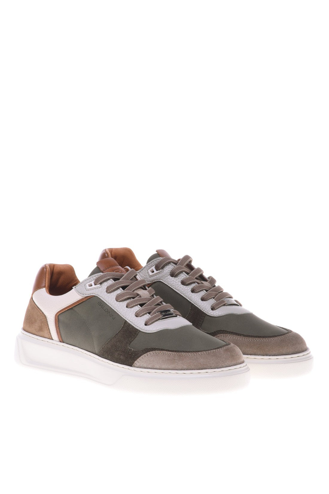 Trainer in beige and green leather and suede