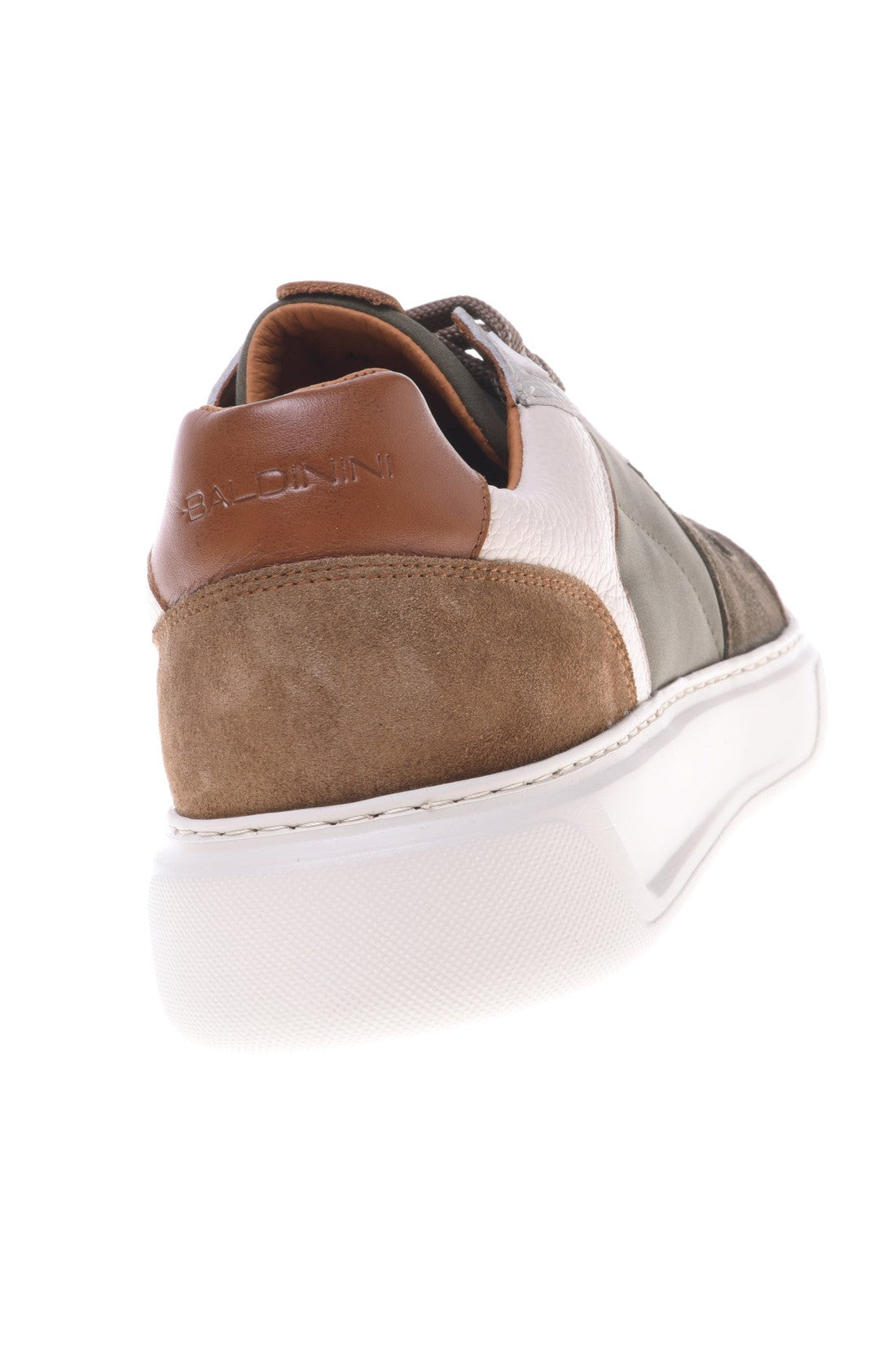 Trainer in beige and green leather and suede