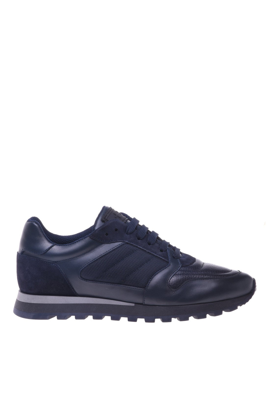 Blue leather and fabric trainers