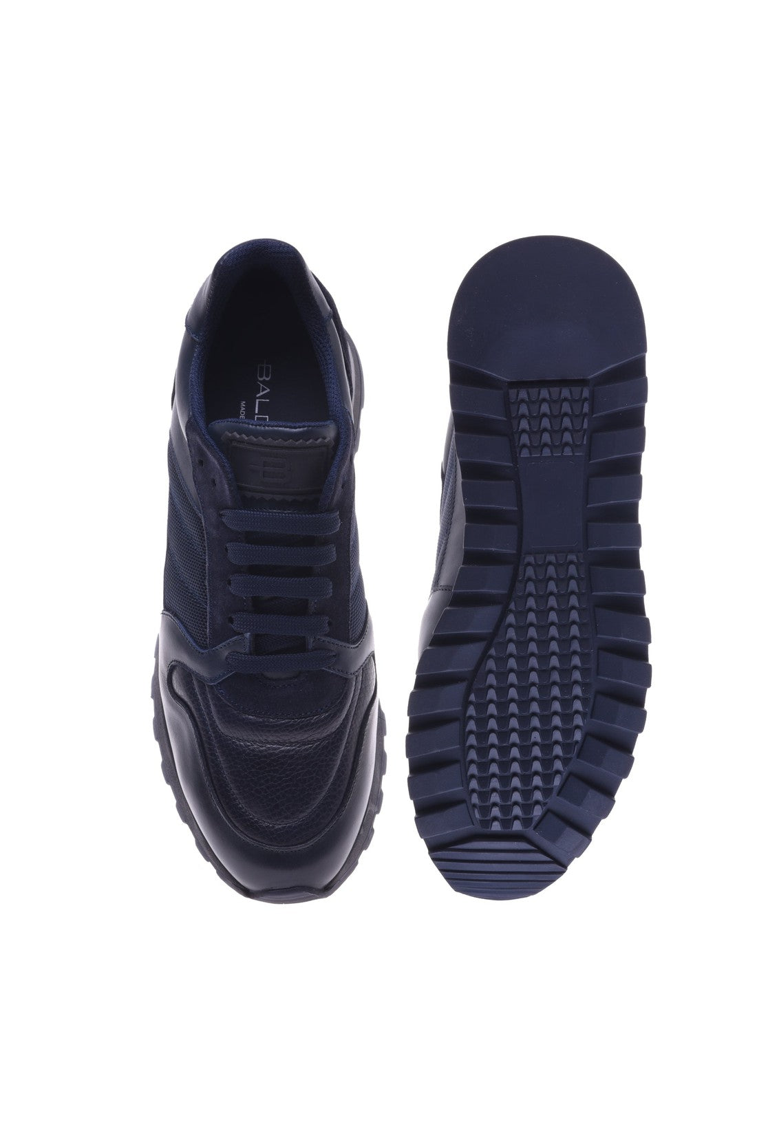 Blue leather and fabric trainers