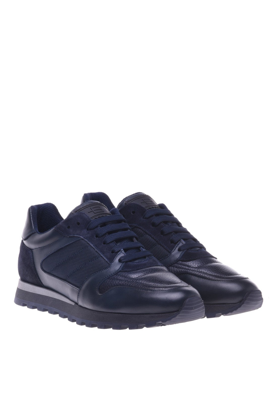 Blue leather and fabric trainers