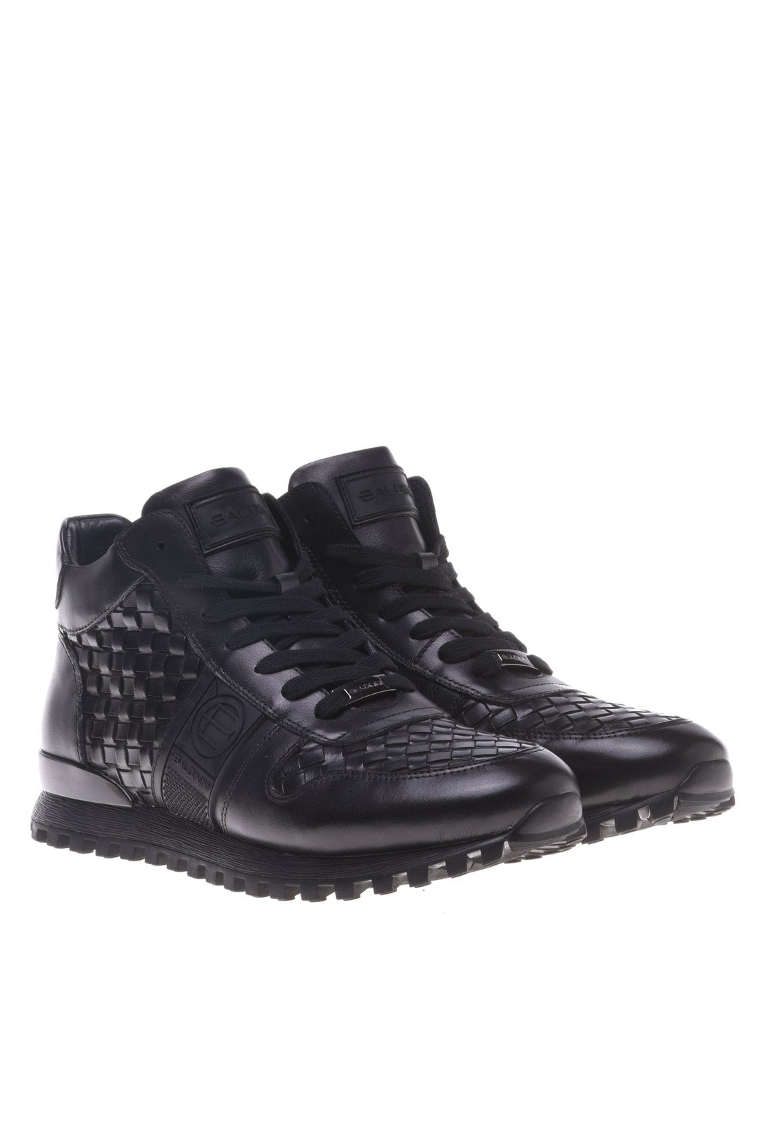 Black woven leather trainers