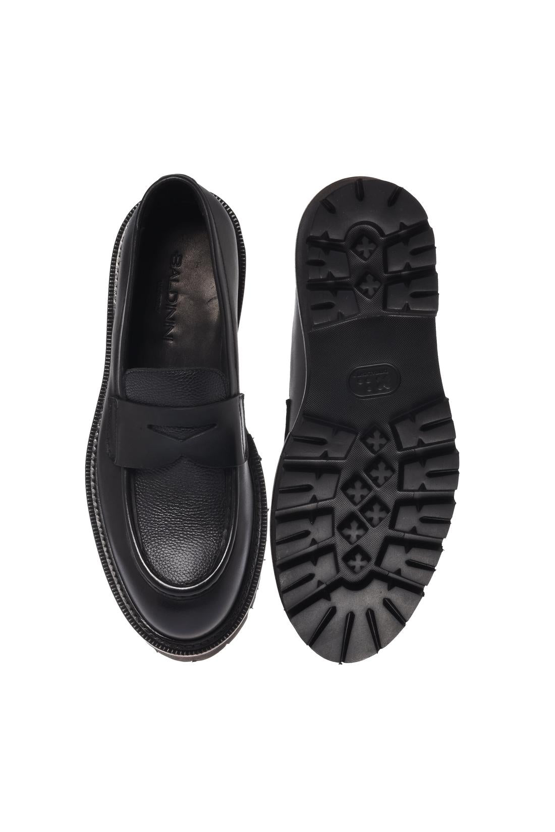 Baldinini-Black leather and tumbled leather loafers-Flache Schuhe-Black-Deal-Outlet-by-ARCHIVIST