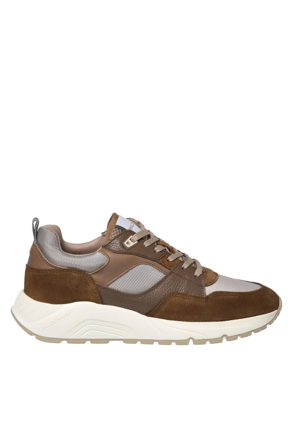 Sneaker in brown suede and off white fabric
