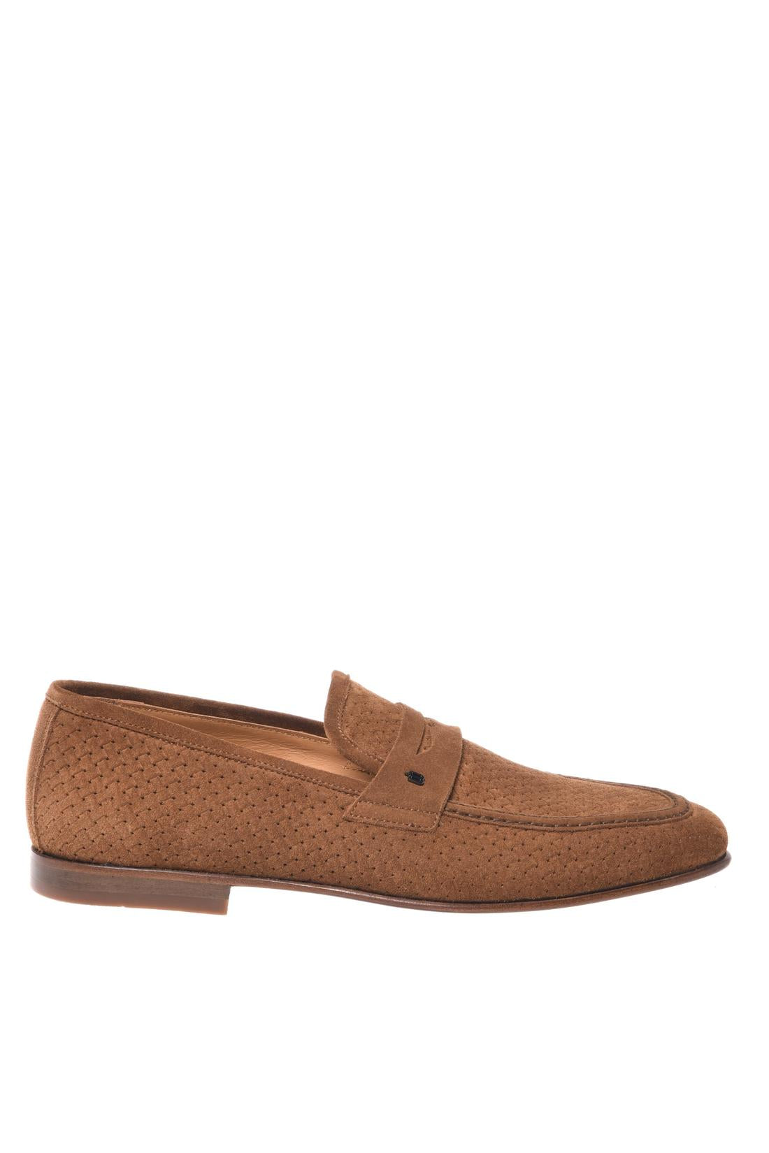 Tan suede woven print leather loafer
