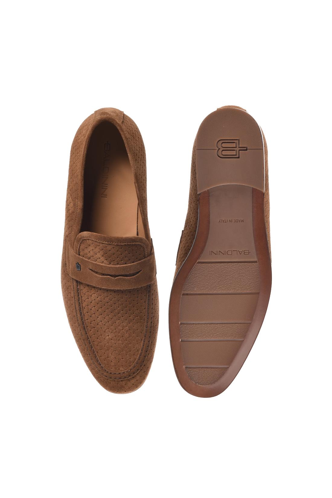 Tan suede woven print leather loafer