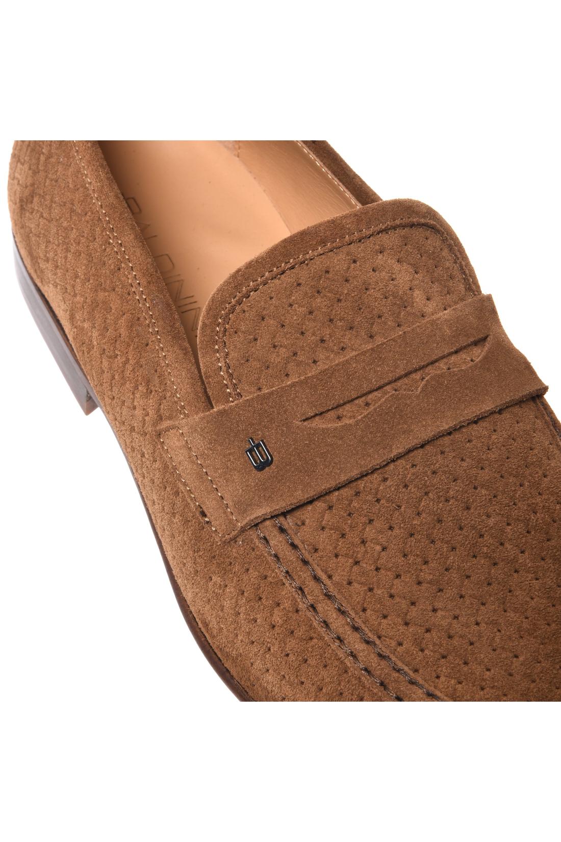 Tan suede woven print leather loafer