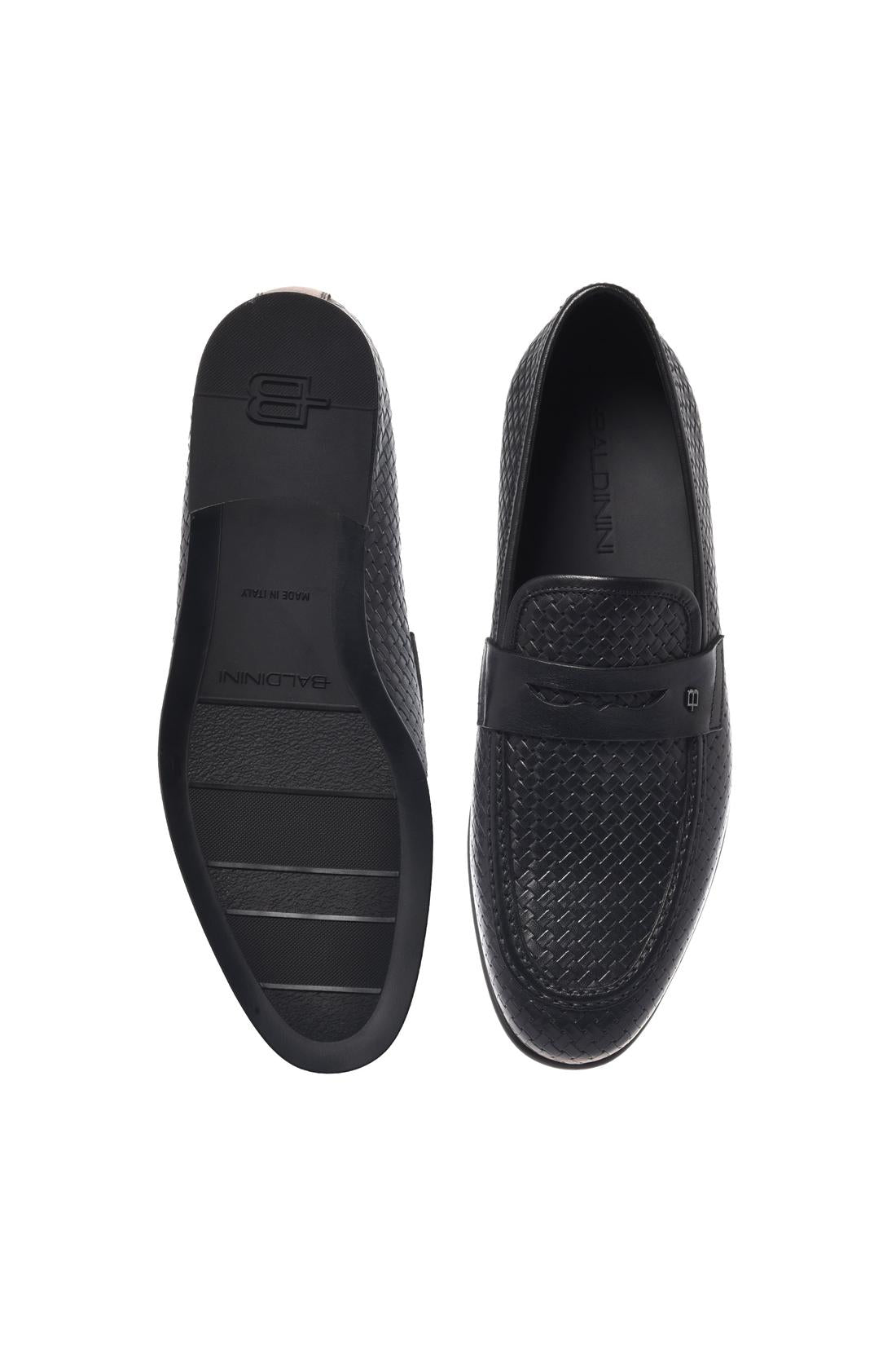 Black woven print leather loafer