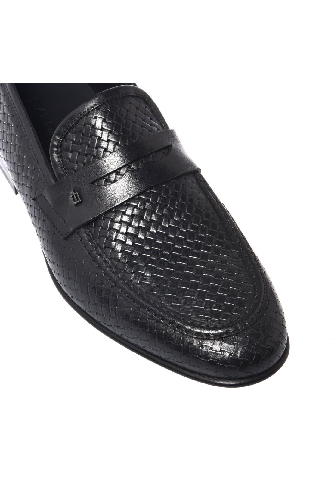 Black woven print leather loafer