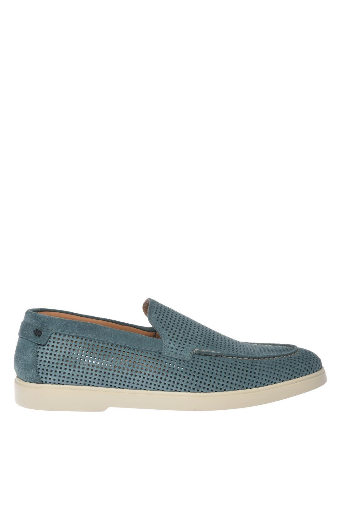 Suede perforated leather moccasin in petrol blue