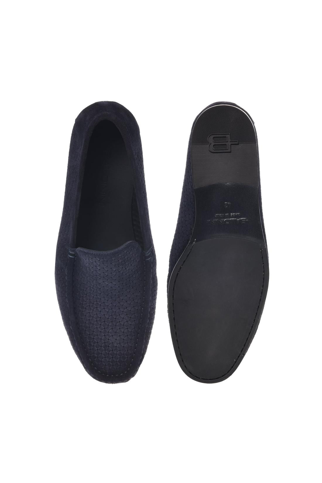 Blue suede woven print loafer