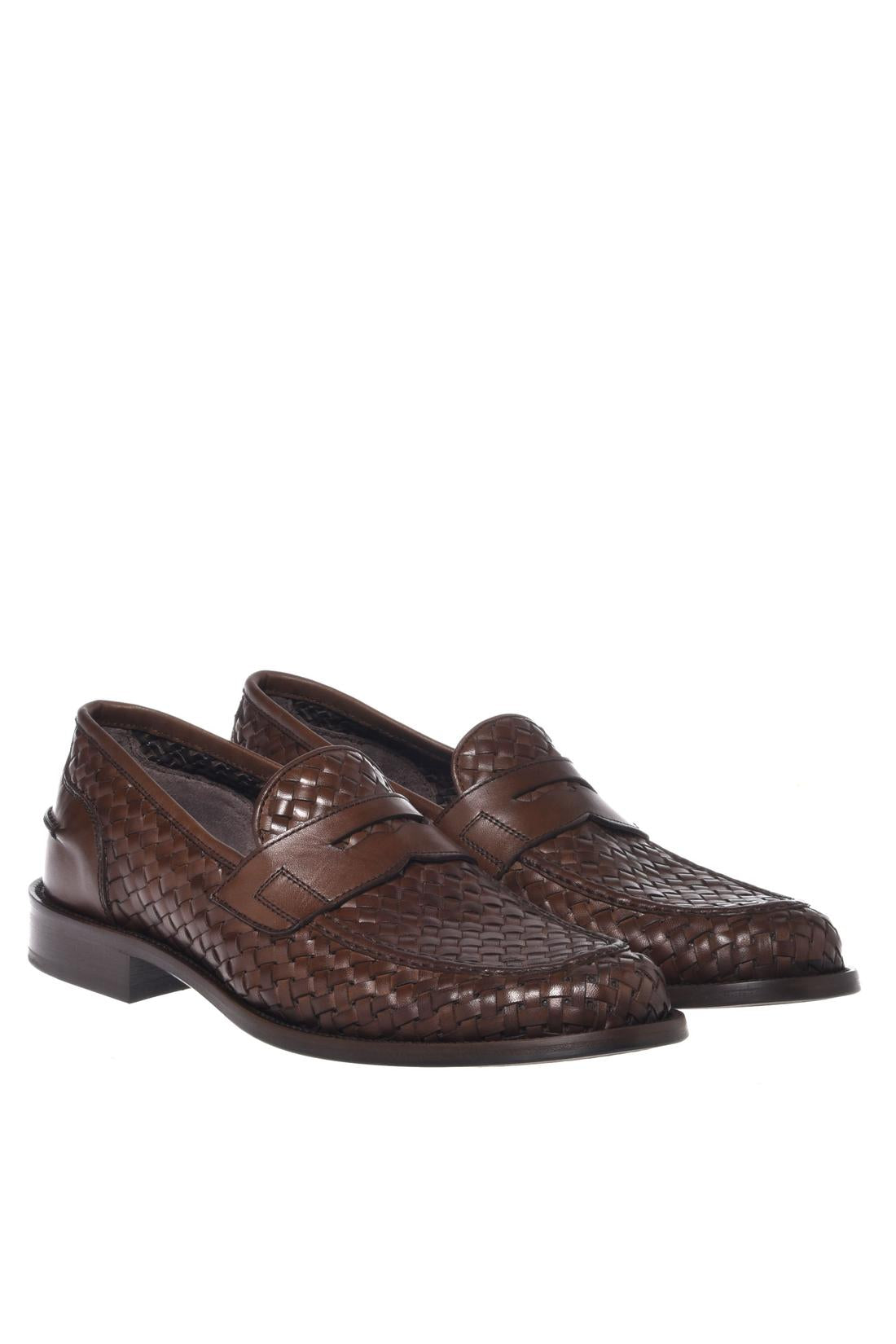 Brown braided leather loafer