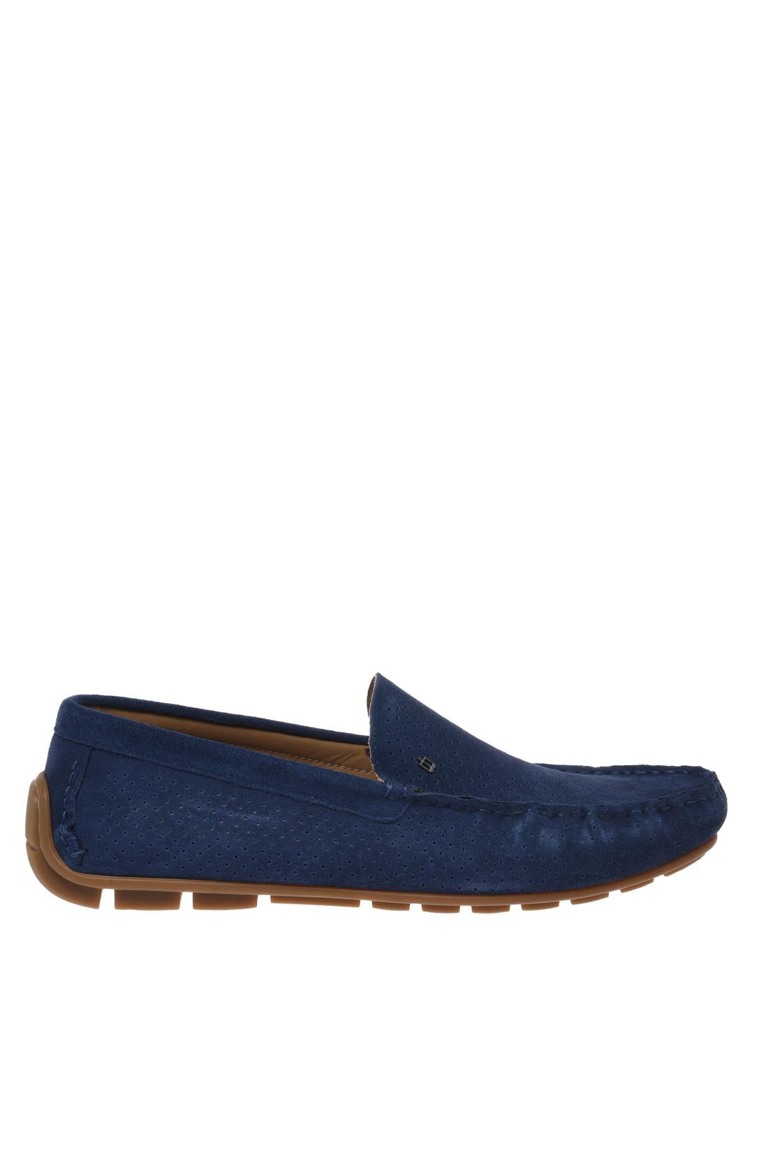 Loafer in perforated blue suede leather