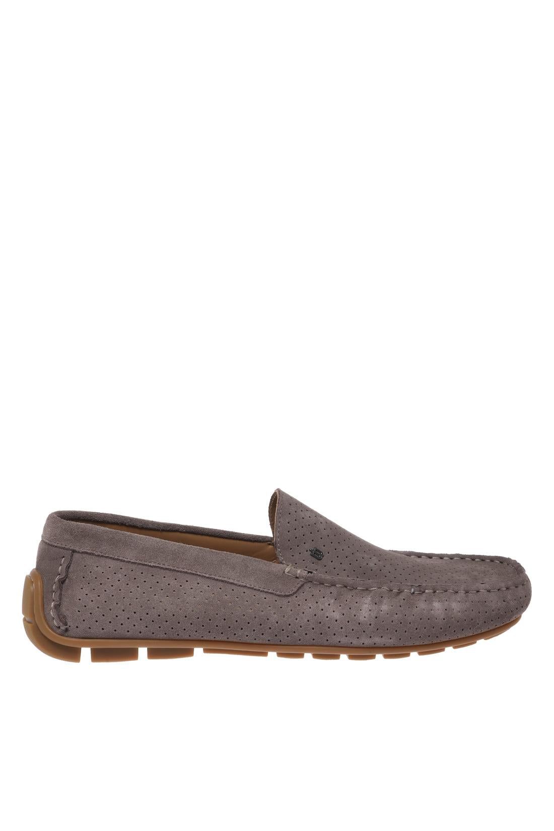 Loafer in perforated taupe suede leather