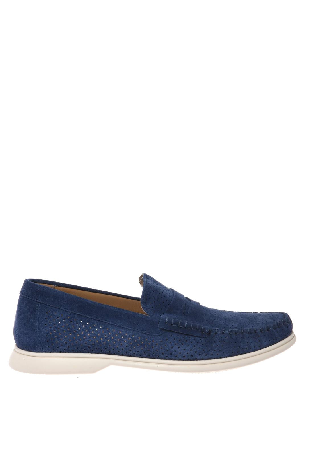 Loafer in perforated blue suede leather