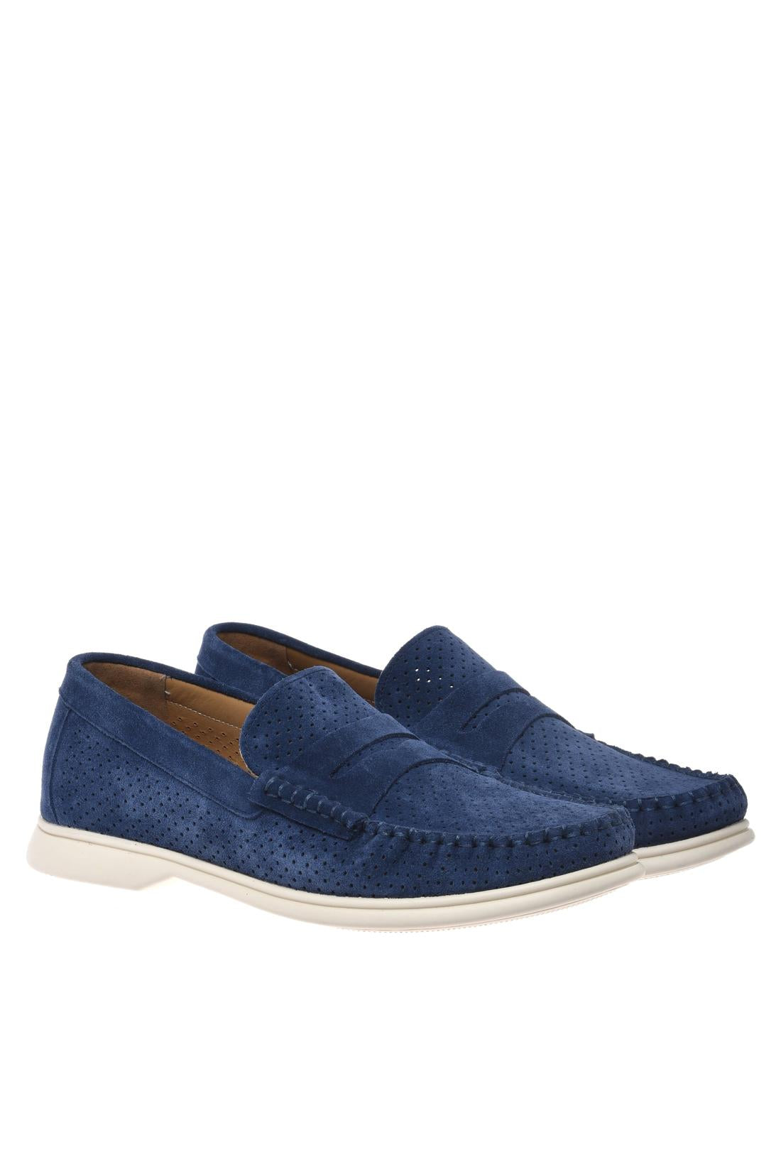 Loafer in perforated blue suede leather