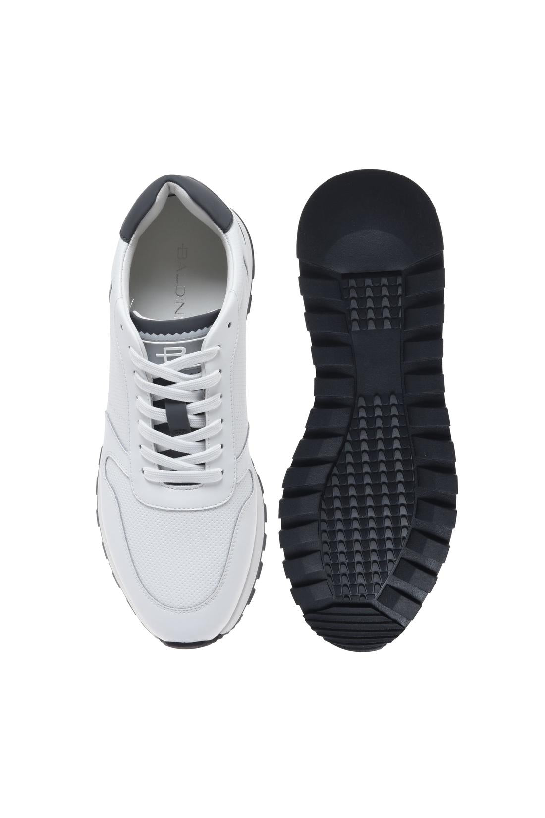 White leather sneaker with woven‑effect print