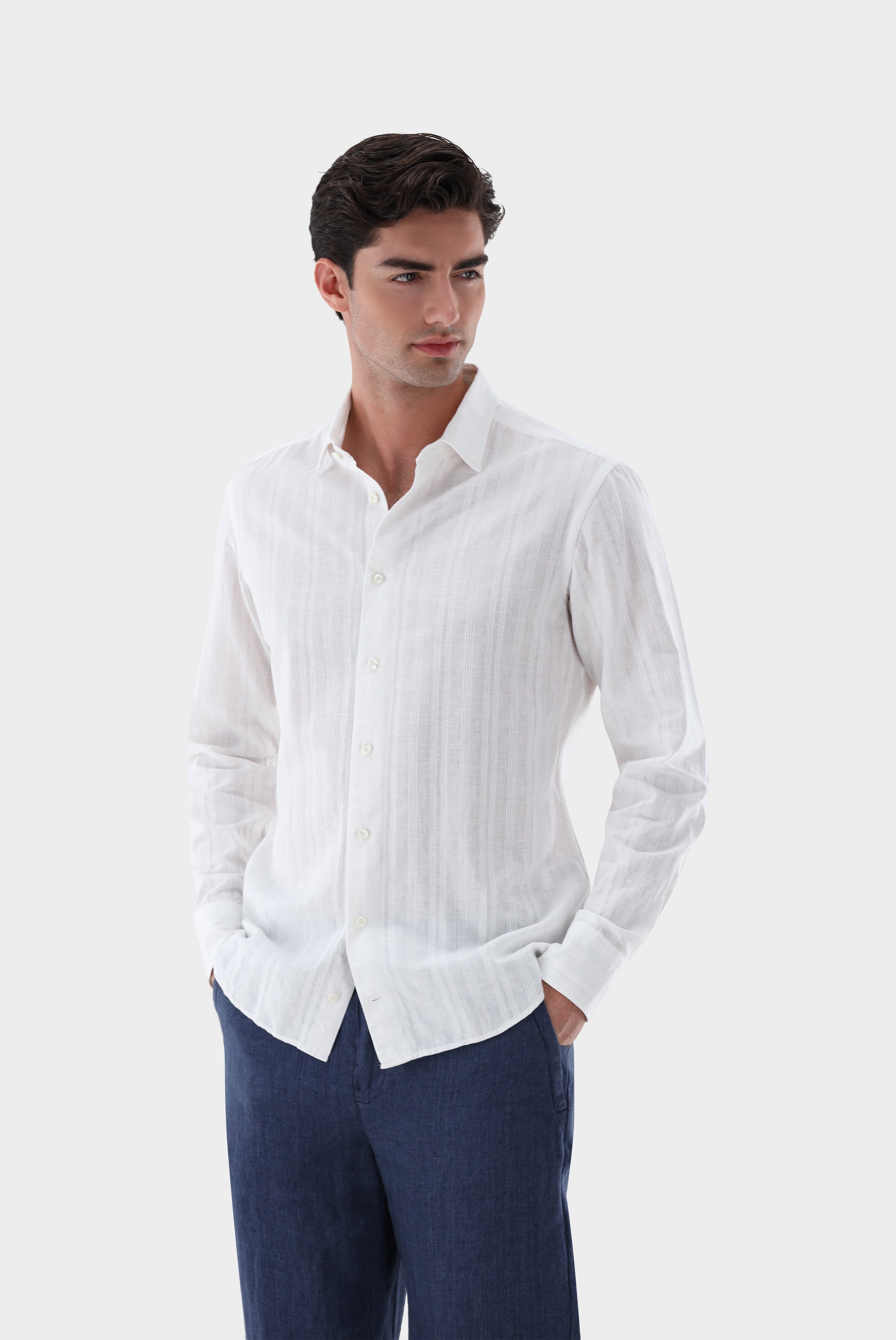 Hemd | aus Baumwolle und Leinen mit Ajoure Streifen-Van Laack-Sale