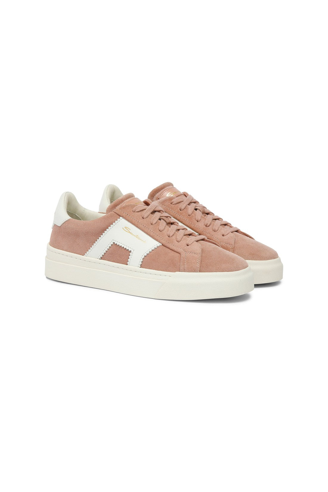 Women’s pink and white suede and leather double buckle sneaker