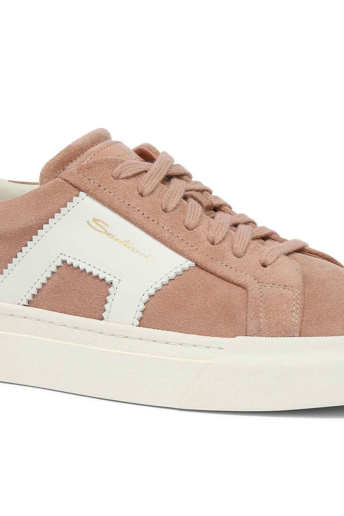 Women’s pink and white suede and leather double buckle sneaker