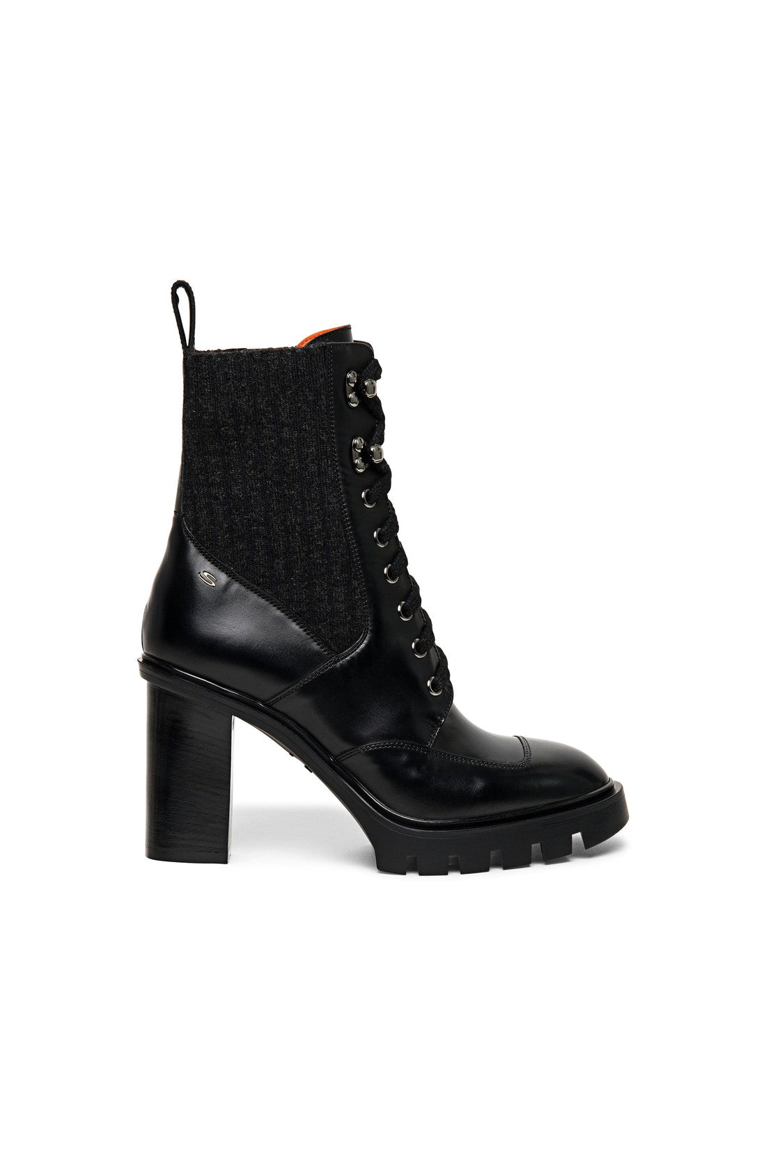 Women's black leather mid-heel lace-up ankle boot