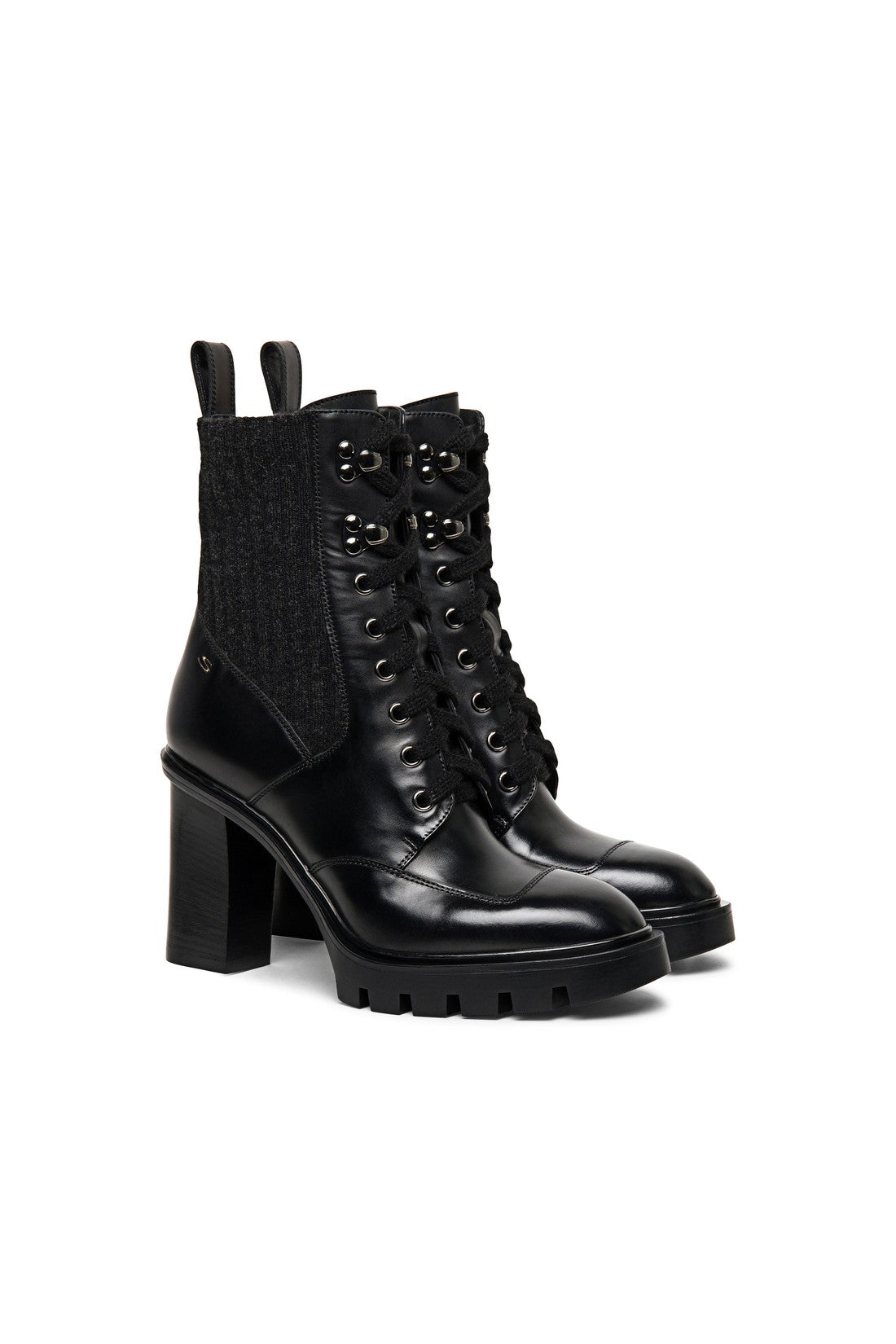 Women's black leather mid-heel lace-up ankle boot