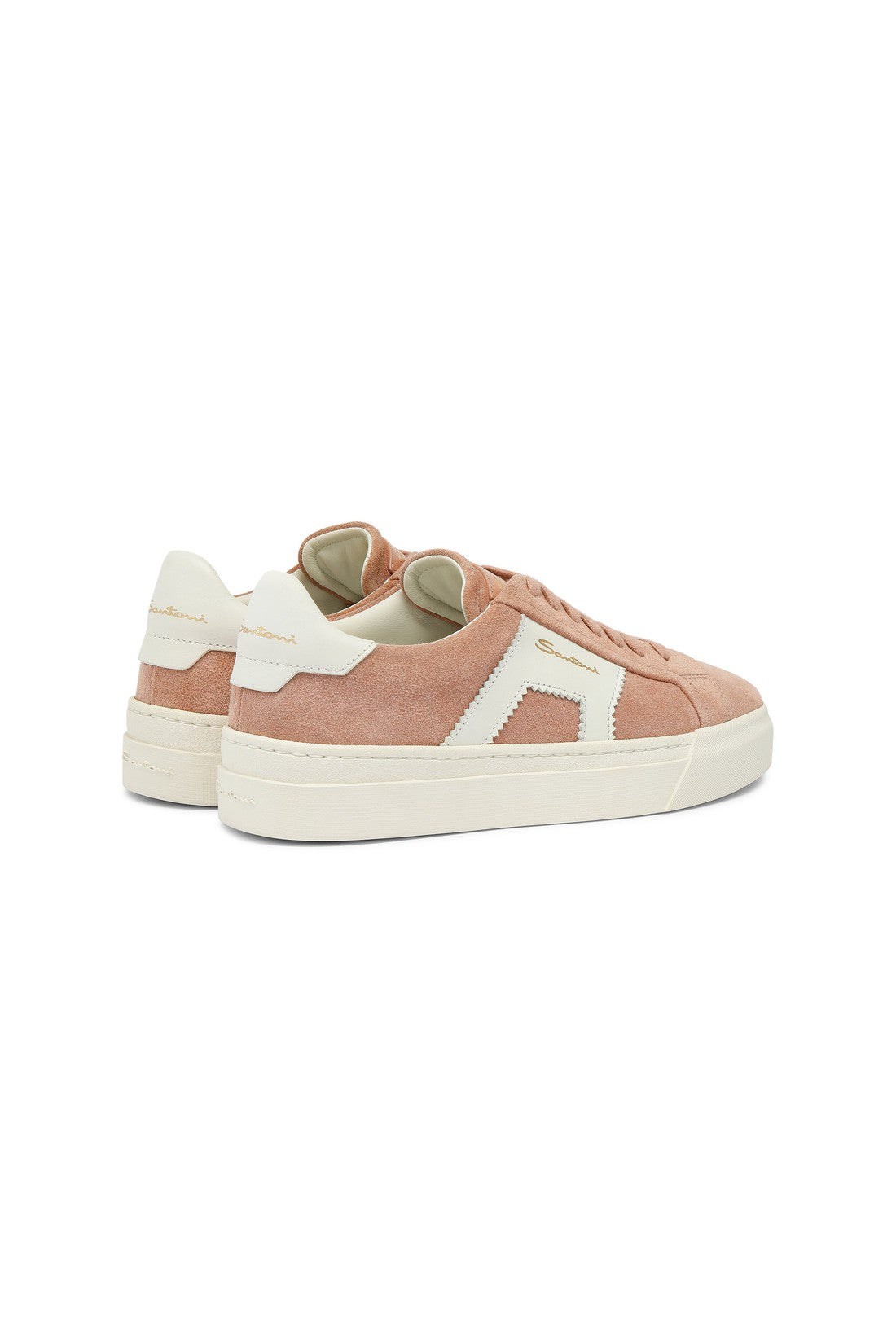 Women’s pink and white suede and leather double buckle sneaker