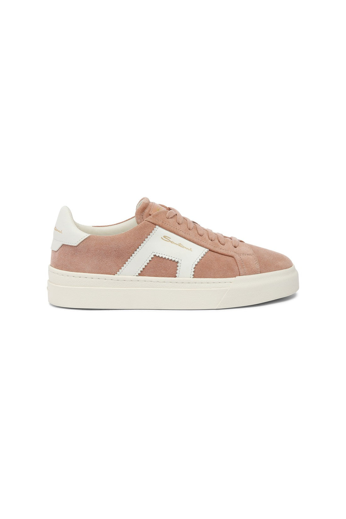 Women’s pink and white suede and leather double buckle sneaker