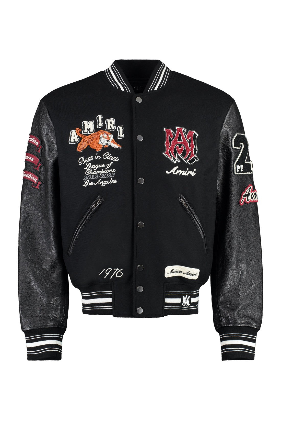 AMIRI-OUTLET-SALE-Wool bomber jacket with patches and leather sleeves-ARCHIVIST
