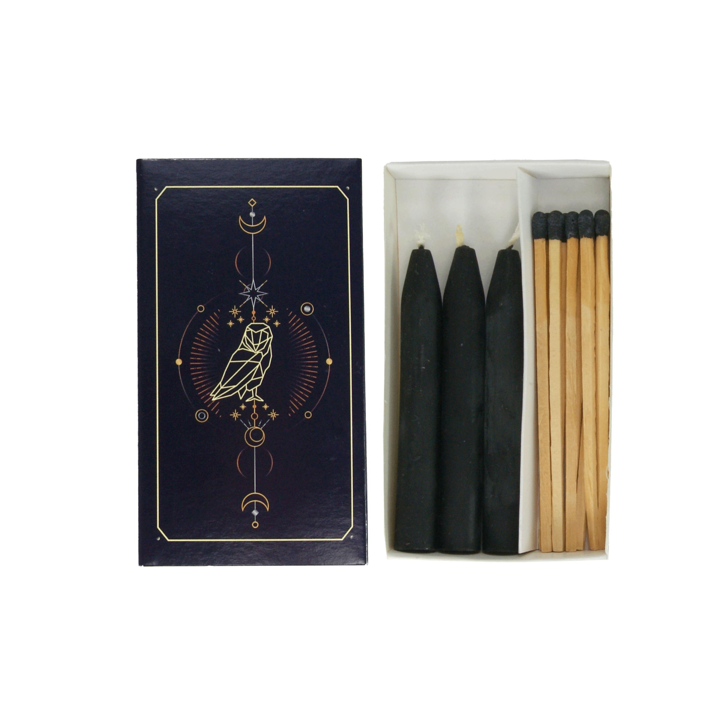 Verdancia-Ritual-Set „Die Eule – Hüterin der Geheimnisse“ – Schwarze Kerzen & lange Streichhölzer-Kerzen-Black-Deal-Outlet-by-ARCHIVIST
